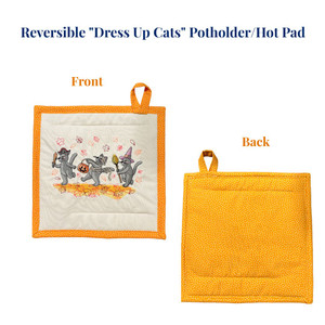 Adorable cats dressed up for Trick-or-Treating are embroidered on this Reversible Potholder Hot Pad to "Dress Up" your kitchen for Halloween. Available at Harvest Array.