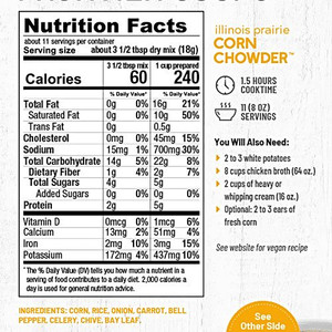 Nutrition Facts for Anderson House Corn Chowder Mix - 7oz. bag. Made in America.