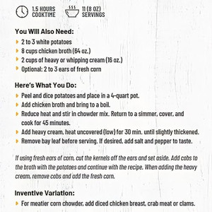 Instructions to prepare a vegetarian bowl of Anderson House Corn Chowder
