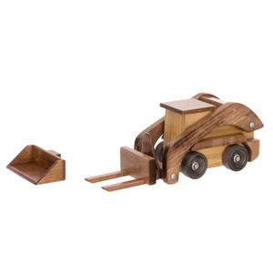 Walnut and Natural Wooden Toy Skid Loader pictured with Forks