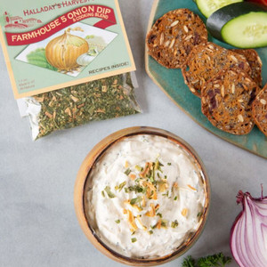 Farmhouse 5 Onion Dip and Cooking Blend with creamy homemade onion dip, served with seeded crackers and fresh vegetables, made with dried onions and herbs, rustic farmhouse appetizer spread
