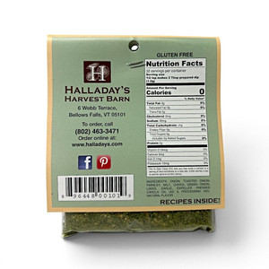 Halladay’s Harvest Barn Farmhouse 5 Onion Dip & Cooking Blend nutrition facts and ingredient label, gluten-free all-natural onion dip mix made in Vermont, includes nutritional information, ingredients, and ordering details