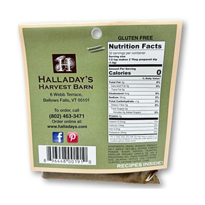 Halladay's Harvest Barn Zesty Fiesta dip label with nutrition facts, contact information, and ingredients.