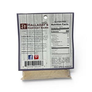 Halladay's  Sea Salted Caramel Cheesecake and Fruit Dip Mix back label with Recipes, Nutrition Information, and Ingredients.