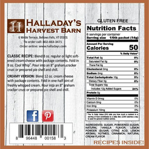 Cinnamon Bun Cheesecake and Fruit Dip Mix back label with Recipes, Nutrition Information, and Ingredients.