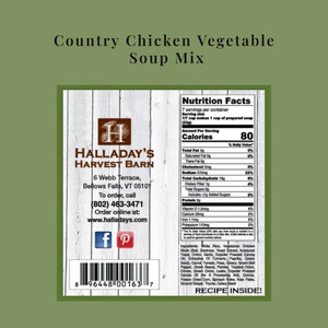 Nutrition and ingredient Information for  Halladay's Country Chicken Vegetable Soup Mix Packets.