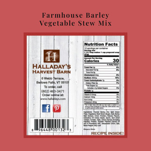 Nutrition and Ingredient Information for Halladay's Barley Vegetable Stew Mix. Allergy Alert: Gluten.