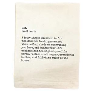 Close up of the Cat Definition on our natural, unbleached tea towel. Purchase today for a gift from Harvest Array.