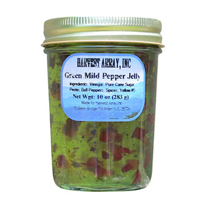Green and Red Bell Peppers are the star of Green Mild Pepper Jelly made in the Blue Ridge Mountains of NC for Harvest Array. 10 oz jelly jar. 