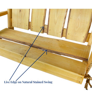 Close up of back and seat showing "Live Edges" of Harvest Array's Amish-made 4ft. wide Timberland Swing with Live Edges and Polypropylene Ropes - Natural Stain. 