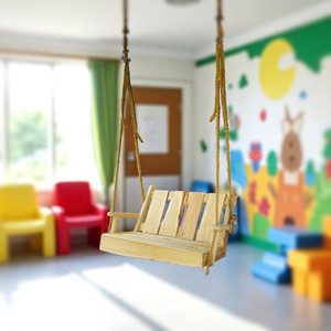 Unfinished Amish-made 4ft. wide Timberland Swing with Live Edges and Polypropylene Ropes shown in a pediatric waiting room or therapy room. Order now online from harvestarray.com.  