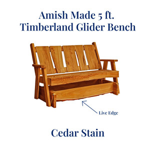 Cedar stained Amish Made 5 foot wide Timberland Glider Bench with Live Edge. Free shipping when you order online at harvestarray.com.