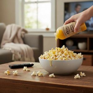 Warm movie nights start with a big bowl of popcorn drenched in rich buttery topping just like this.