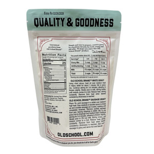 Ingredients, Nutrition Facts, and recipe on how to make Old School Southern Style Country Gravy. Image is the back of the package.