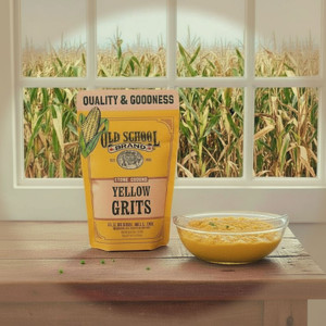 Old school Brand Stone Ground Yellow Grits made of all natural yellow, non-GMO corn.