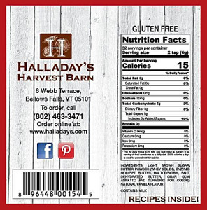 Product label for Halladay's Caramel Apple Dip Mix with nutrition facts and ingredients.