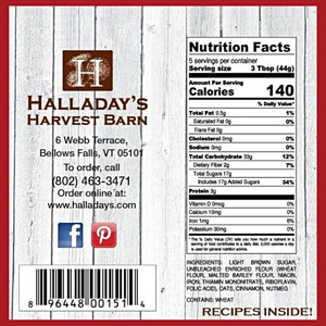 Product label from Halladay's Apple Crisp Mix with nutrition facts.