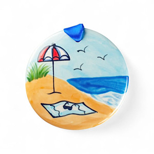 Hand Painted Beach Scene Ceramic Ornament for Christmas or everyday décor.  3.5 x 3.5 in.