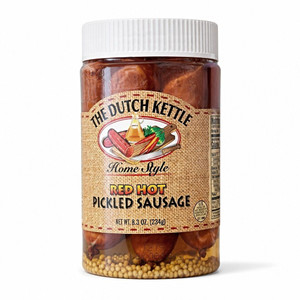 8 oz. jar from Harvest Array of The Dutch Kettle Home Style Red Hot Smoked Pickled Polish Sausage. New and Improved recipe.