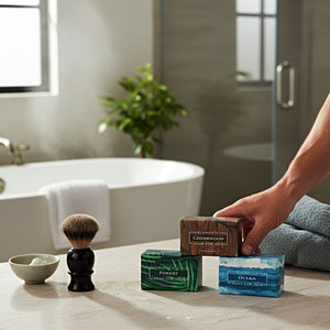 Wrapped Soap Bar Elements for Men, 8.6 oz., in three earthy scents - cedarwood, forest, and Ocean on a bathroom counter.