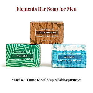 Three New ELEMENTS SOAP FOR MEN from Greenwich Bay Trading in 8.6 ounce bars. Cedarwood, Forest, or Ocean each sold separately  at Harvest Array.