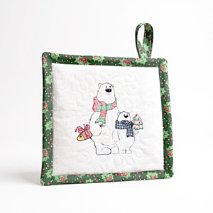 Adorable Holiday Bears Embroidered  Potholder and Hot Pad with Christmas themed border and back pattern. 9 x 9".