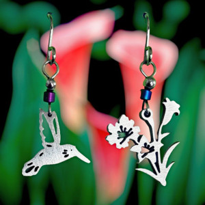 This pair of Hummingbird and Flowers Stainless Steel Earrings has a hummingbird on one earring and flowers on the other. Makes a great gift from Harvest Array.