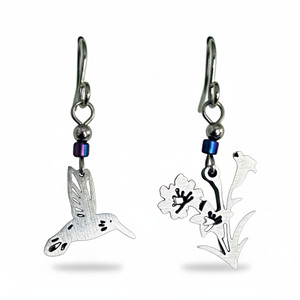 Hummingbird and Flowers Stainless Steel Earrings has a hummingbird on one earring and flowers on the other. Makes a great gift from Harvest Array.