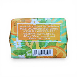 Close up of Valencia Orange Mini, 2.0 oz. fresh fruit soap block packaging label on the back.