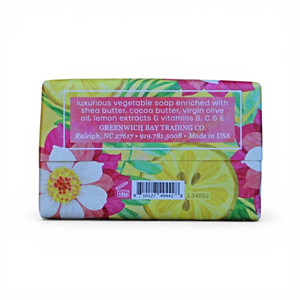 Back label of our Meyer Lemon Wrapped Soap Block with Fresh Fruit Scent.