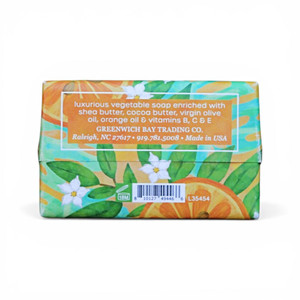 Back label of our Valencia Orange Wrapped Soap Block with Fresh Fruit Scent. Made in America.