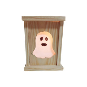 Ghost design Rustic Wooden LED Lantern with a C7 white LED 120 volt bulb and 6' cord included. For indoor/outdoor use. Great for Halloween from Harvestarray.com.