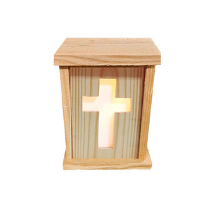 Rustic Wooden Lantern with  a Religious Cross Light-up Design. A C7 white LED 120 volt bulb and 6' cord are included. For indoor/outdoor use.