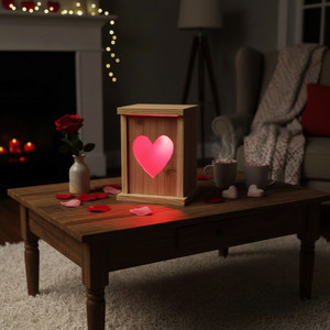 Red Heart  Rustic Wooden LED Lantern lit up on a romantic evening such as Valentine's day in a cozy home.