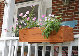 Closeup side view of our Cedar Planter Box mounted on a white porch railing makes a lovely statement on your house. Amish Craftsmanship and quality only from Harvest Array.