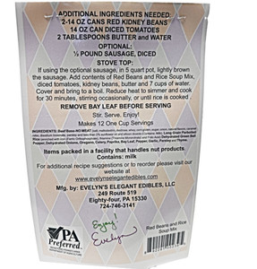 Back of the package of Evelyn's Elegant Edibles Red Beans and Rice Soup Mix with recipe, ingredients, and Nutrition Facts.