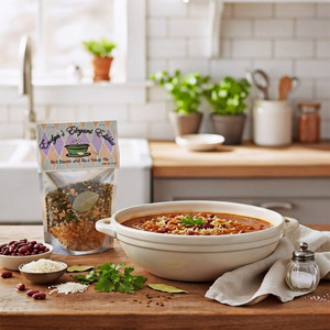 A 4oz. package of Evelyn's Elegant Edibles Red Beans and Rice Soup Mix next to a bowl of Red Beans & Rice Soup in a bright Kitchen.