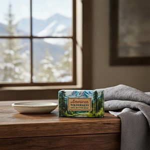 American Wilderness  6.4 oz. Shea Butter Soap in dark wooden bathroom with a window with a view a a mountain forest. The soap bar is wrapped in paper with evergreen trees art.