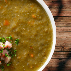 Delicious looking bowl of steamy hot Nebraska Barn Raising Split Pea Soup