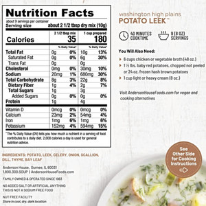 Nutrition Facts of the Washington High Plains Potato Leek Soup from Anderson House.
