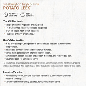 Cooking instructions for preparation of Washington High Plains Potato Leek Soup