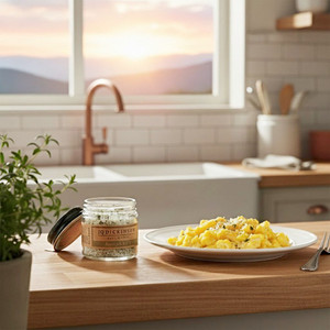 Ramp Salt jar next to a beautiful dish of fresh scrambled eggs in a bright country kitchen .