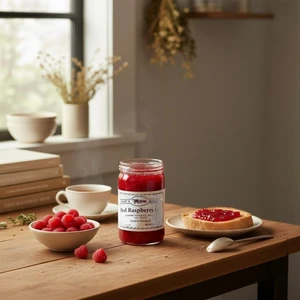 Annie’s Kitchen Red Raspberry Jam in a  rustic country kitchen next to a plat of toast with a spread of the jam and a bowl of fresh picked red raspberries.