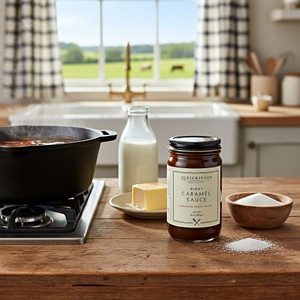 A country kitchen scene with a black pot of caramel sauce bubbling on a stove top. A glass bottle of milk, a plate of butter, a bowl of salt, and a jar of J.Q. Dickinson Organic Burnt Caramel Sauce are on the wooden counter next to the stove.