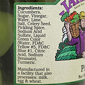 Ingredient label for Jake & Amos Amish Style Recipe Lime Pickles.
