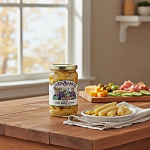 A Jar of Jake & Amos Pickled Dill Baby Corn on a rustic wood counter top with a dish of the baby corn and a wooden charcuterie board of meats, cheeses and veggies, in a bright kitchen.