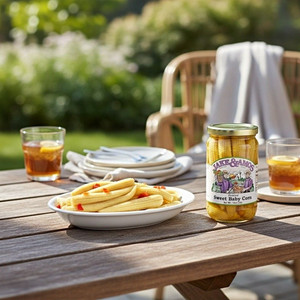 Enjoy Harvest Array's New Pickled Sweet Baby Corn from Jake & Amos for a summer snack outdoors with a glass of iced tea.