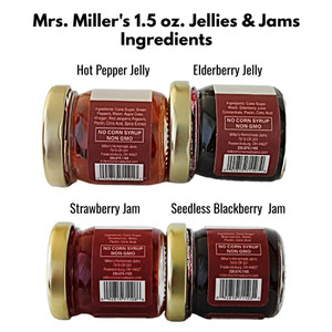 Only simple ingredients you know and trust are used to make Mrs. Miller's Homemade Jams and Jellies in 1.5 oz. sampler jars.