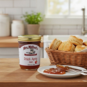 A bright kitchen with a jar of Mrs. Miller's Homemade Dutch Apple Jam and a basket of buttermilk biscuits on a wooden kitchen counter.