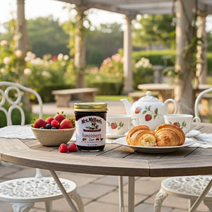 A lovely outdoor tea party with a jar of  Mrs. Miller's Homemade Bumbleberry Jam, a plate of croissants, a bowl of strawberries, raspberries, and blueberries on a garden patio table. A white teapot and cups with a strawberry motif are also on the table.